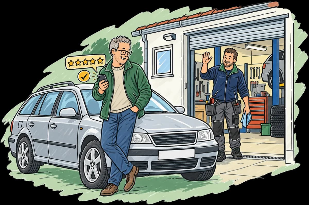 Spokojený zákazník u opraveného auta dává v mobilu pět hvězdiček, mechanik mu ve vratech mává.