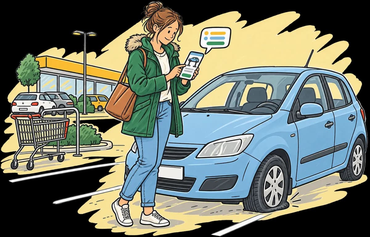 Řidička na parkovišti u auta s prázdnou pneumatikou našla v mobilu web servisu a píše do chatu.