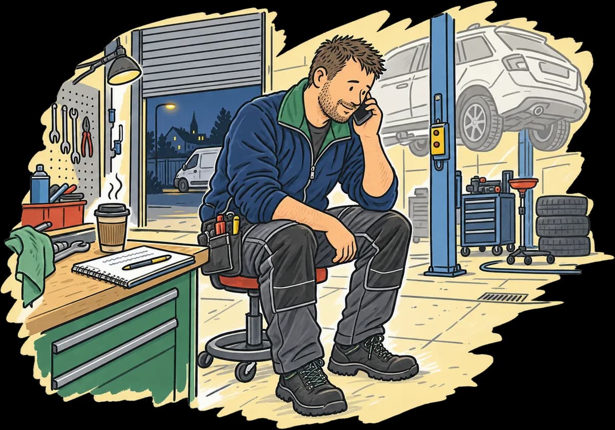 Unavený mechanik večer v dílně obvolává zmeškané hovory.