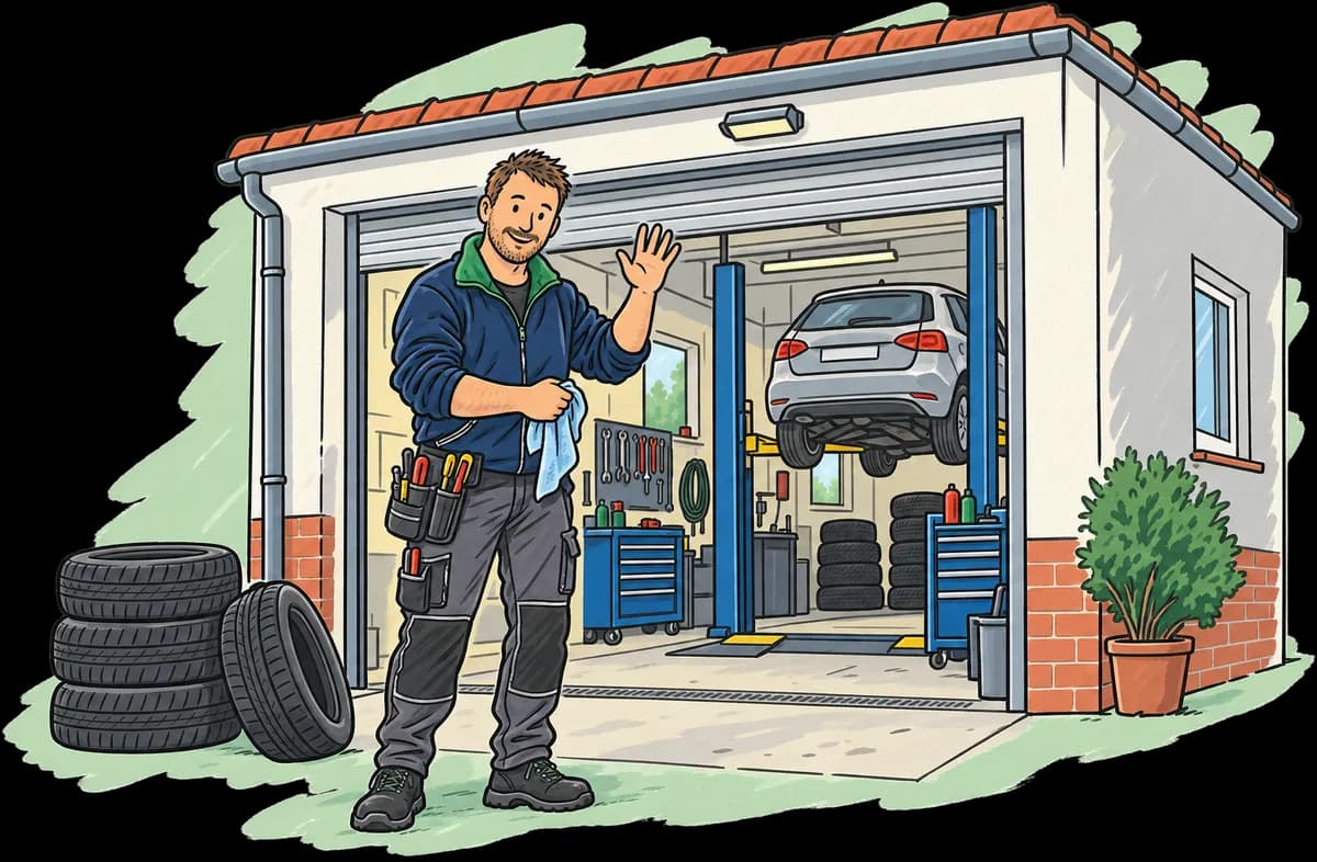 Mechanik stojí ve vratech malého autoservisu a mává.