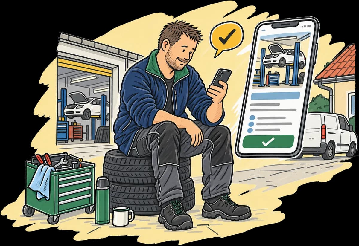 Mechanik sedí na pneumatikách před dílnou a spokojeně se dívá na svůj web v mobilu.