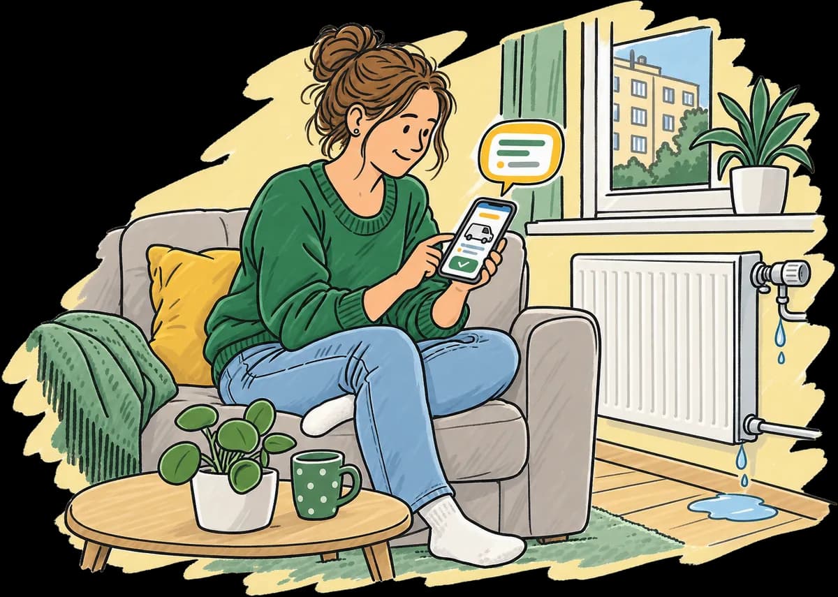 Žena na gauči vedle kapajícího radiátoru našla v mobilu web řemeslníka a píše do chatu.