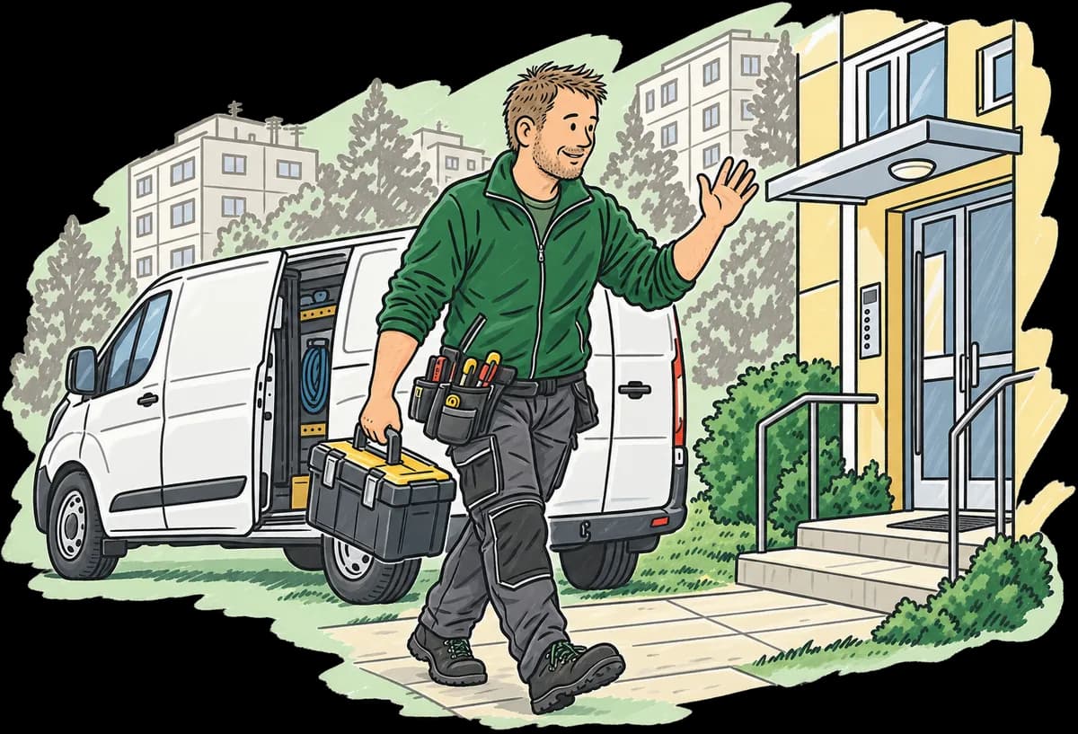 Instalatér s kufrem jde od bílé dodávky k paneláku a mává.